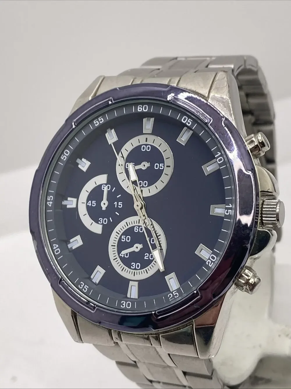 Mens Silver Tone Blue Dial Watch Works New Battery